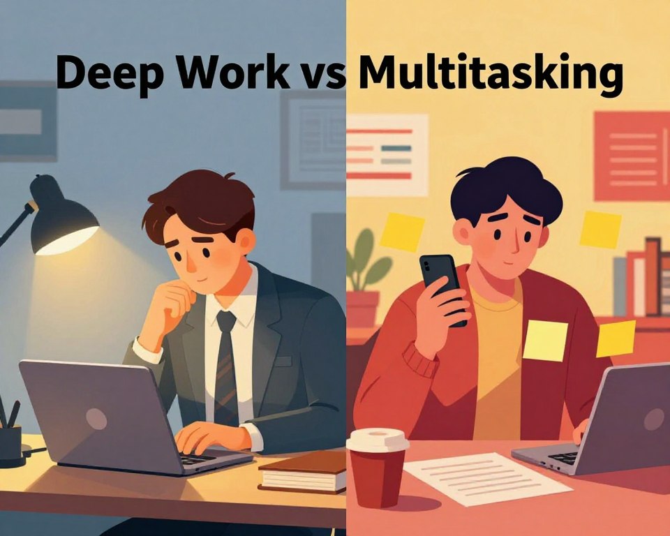 A split-scene illustration symbolizing "Deep Work vs Multitasking." In the foreground, on the left, a focused individual wearing professional attire immersed in deep concentration, surrounded by a tidy workspace with a laptop, books, and minimal distractions, a warm golden light illuminating their face, evoking a sense of productivity. In contrast, the right side features a chaotic office environment with a multitasking individual dressed casually, juggling a phone, tablet, and several sticky notes, chaotic light reflections indicating distraction and confusion. The background fades from calm, serene blues on the left to busy, vibrant yellows and reds on the right, capturing the contrasting moods of focused deep work versus the overwhelming nature of multitasking, emphasizing the article's theme effectively. A split-scene illustration symbolizing "Deep Work vs Multitasking." In the foreground, on the left, a focused individual wearing professional attire immersed in deep concentration, surrounded by a tidy workspace with a laptop, books, and minimal distractions, a warm golden light illuminating their face, evoking a sense of productivity. In contrast, the right side features a chaotic office environment with a multitasking individual dressed casually, juggling a phone, tablet, and several sticky notes, chaotic light reflections indicating distraction and confusion. The background fades from calm, serene blues on the left to busy, vibrant yellows and reds on the right, capturing the contrasting moods of focused deep work versus the overwhelming nature of multitasking, emphasizing the article's theme effectively.