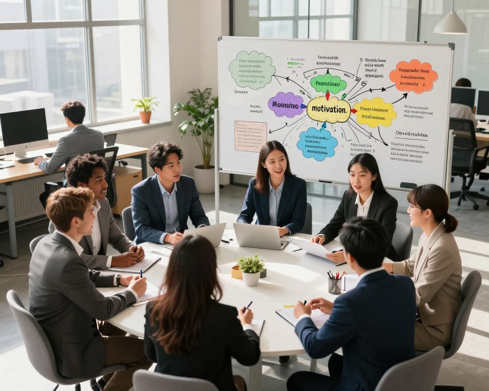 A tranquil office space displaying the essence of motivation and its significance. In the foreground, a diverse group of professionals, dressed in smart business attire, sits at a round table, engaging in a lively brainstorming session, their expressions filled with enthusiasm and determination. In the middle ground, a large whiteboard showcases colorful mind maps and inspiring quotes about motivation, symbolizing goal-setting and creativity. The background features a cozy workspace with large windows allowing natural light to fill the room, casting soft shadows. The ambiance is bright and uplifting, invoking a sense of purpose and energy. The image is captured from a slightly elevated angle, enhancing the sense of collaboration and dynamic energy in the scene. A tranquil office space displaying the essence of motivation and its significance. In the foreground, a diverse group of professionals, dressed in smart business attire, sits at a round table, engaging in a lively brainstorming session, their expressions filled with enthusiasm and determination. In the middle ground, a large whiteboard showcases colorful mind maps and inspiring quotes about motivation, symbolizing goal-setting and creativity. The background features a cozy workspace with large windows allowing natural light to fill the room, casting soft shadows. The ambiance is bright and uplifting, invoking a sense of purpose and energy. The image is captured from a slightly elevated angle, enhancing the sense of collaboration and dynamic energy in the scene.
