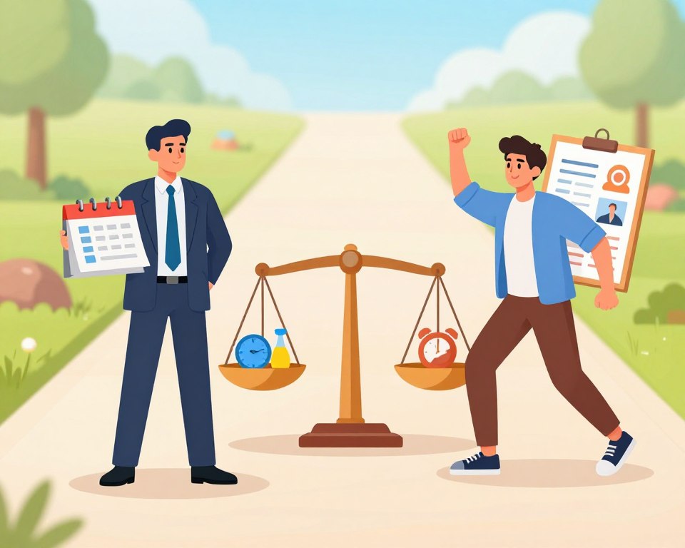 A vibrant illustration depicting the contrast between discipline and motivation. In the foreground, two individuals are represented: one person symbolizes discipline, dressed in professional business attire, standing firm with a determined expression, holding a calendar and checklists, embodying structure and order. The other person represents motivation, clad in casual, comfortable clothing, wearing casual shoes, radiating enthusiasm and energy, with a vision board displaying inspiring images and goals. In the middle ground, a balance scale subtly balances between the two, with symbols of discipline on one side and symbols of motivation on the other. The background features a blurred landscape of a path dividing into two directions, symbolizing choices. The lighting is bright and uplifting, creating a hopeful atmosphere, with soft shadows enhancing the depth of the scene, captured with a slightly angled perspective to emphasize both figures. A vibrant illustration depicting the contrast between discipline and motivation. In the foreground, two individuals are represented: one person symbolizes discipline, dressed in professional business attire, standing firm with a determined expression, holding a calendar and checklists, embodying structure and order. The other person represents motivation, clad in casual, comfortable clothing, wearing casual shoes, radiating enthusiasm and energy, with a vision board displaying inspiring images and goals. In the middle ground, a balance scale subtly balances between the two, with symbols of discipline on one side and symbols of motivation on the other. The background features a blurred landscape of a path dividing into two directions, symbolizing choices. The lighting is bright and uplifting, creating a hopeful atmosphere, with soft shadows enhancing the depth of the scene, captured with a slightly angled perspective to emphasize both figures.