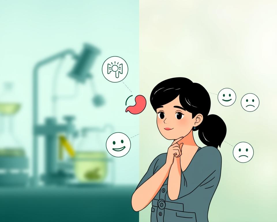A visual representation focused on the potential side effects of Tribulus terrestris, showcasing a split scene. In the foreground, depict an abstract illustration of a person (wearing modest casual clothing) with a thoughtful expression, surrounded by various symbols representing potential side effects, such as a light headache icon, a stomach discomfort symbol, and fatigue emoticons. In the middle ground, incorporate a softly blurred representation of a laboratory setting with scientific equipment, emphasizing the research aspect. The background should be a calming gradient of greens and blues, suggesting a natural setting, symbolizing herbal remedies. Use soft, diffused lighting to create a serene atmosphere, while maintaining clarity in the details to enhance the informative nature of the image. Capture a balanced, professional aesthetic devoid of any overwhelming elements or distractions. A visual representation focused on the potential side effects of Tribulus terrestris, showcasing a split scene. In the foreground, depict an abstract illustration of a person (wearing modest casual clothing) with a thoughtful expression, surrounded by various symbols representing potential side effects, such as a light headache icon, a stomach discomfort symbol, and fatigue emoticons. In the middle ground, incorporate a softly blurred representation of a laboratory setting with scientific equipment, emphasizing the research aspect. The background should be a calming gradient of greens and blues, suggesting a natural setting, symbolizing herbal remedies. Use soft, diffused lighting to create a serene atmosphere, while maintaining clarity in the details to enhance the informative nature of the image. Capture a balanced, professional aesthetic devoid of any overwhelming elements or distractions.