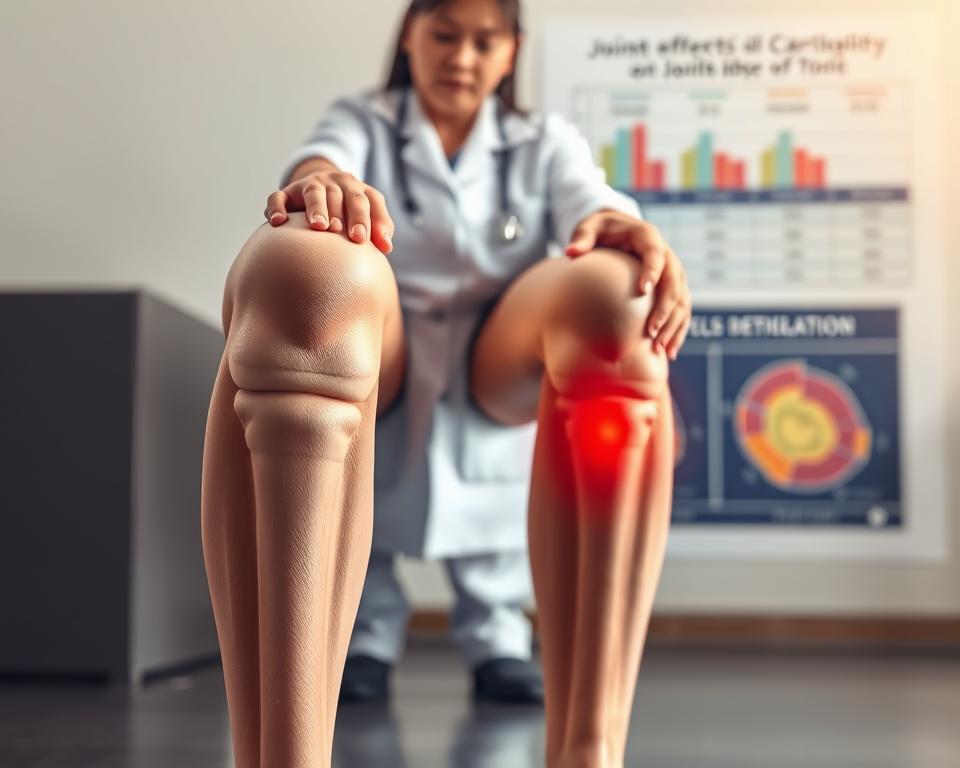A visualization of the impact of obesity on joint health, focusing on a pair of knee joints under stress. In the foreground, a healthy knee in smooth detail, alongside a knee affected by excess weight, showing signs of wear and inflammation. The middle ground features a figure in professional attire, gently touching one knee, demonstrating concern with a neutral expression. In the background, a scientific chart indicating the effects of obesity on cartilage degradation, subtly blurred to emphasize the foreground. The lighting is soft and warm, evoking a serious yet hopeful atmosphere, with a slightly elevated angle to convey a sense of perspective on the issue. The overall mood reflects awareness and education about joint health.