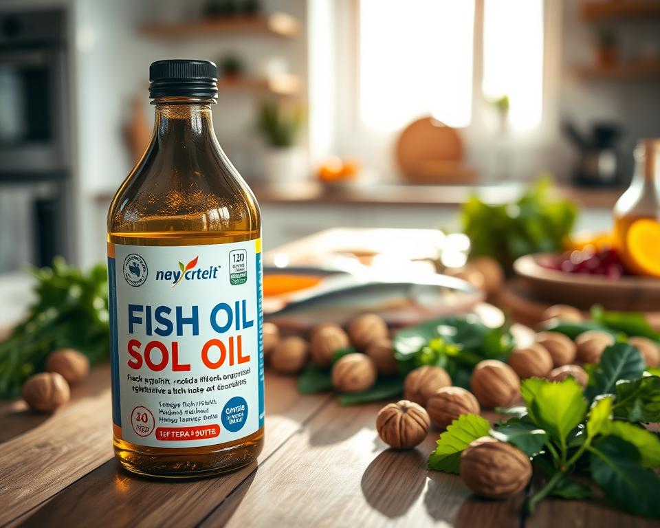 A visually appealing bottle of fish oil placed prominently in the foreground, glistening in soft natural light. The bottle, with a sleek design, features a colorful label highlighting its high EPA and DHA content. In the middle ground, a wooden table scattered with fresh omega-3-rich foods like oily fish, walnuts, and leafy greens, symbolizing health and nutrition. The background features a blurred kitchen setting, with sunlight streaming through a window, creating a warm and inviting atmosphere. The overall mood should convey a sense of well-being and vitality, showcasing the importance of choosing high-quality fish oil. Use a shallow depth of field to focus on the product while maintaining a cozy and homey feel. A visually appealing bottle of fish oil placed prominently in the foreground, glistening in soft natural light. The bottle, with a sleek design, features a colorful label highlighting its high EPA and DHA content. In the middle ground, a wooden table scattered with fresh omega-3-rich foods like oily fish, walnuts, and leafy greens, symbolizing health and nutrition. The background features a blurred kitchen setting, with sunlight streaming through a window, creating a warm and inviting atmosphere. The overall mood should convey a sense of well-being and vitality, showcasing the importance of choosing high-quality fish oil. Use a shallow depth of field to focus on the product while maintaining a cozy and homey feel.