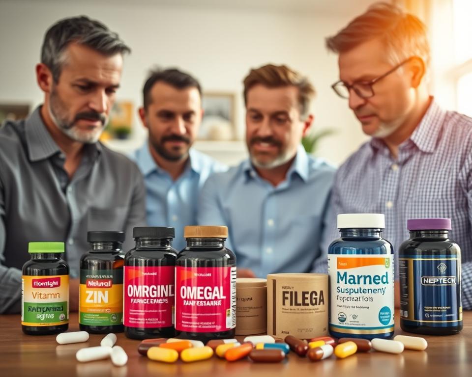 A visually appealing composition showcasing key supplements for men over forty. In the foreground, a diverse group of three middle-aged men, dressed in smart casual attire, examining supplement bottles on a well-organized table. The men display expressions of curiosity and thoughtful deliberation. In the middle ground, a selection of vibrant supplement bottles, with colorful labels, reflecting vitamins and minerals like zinc, magnesium, and omega-3 fatty acids. The background features a soft-focus home or office environment, bathed in warm, natural light, creating a welcoming, informative atmosphere. The image should be well-lit, with a slight depth of field to emphasize the supplements and the men's engagement. The overall mood is one of health, vitality, and empowerment.