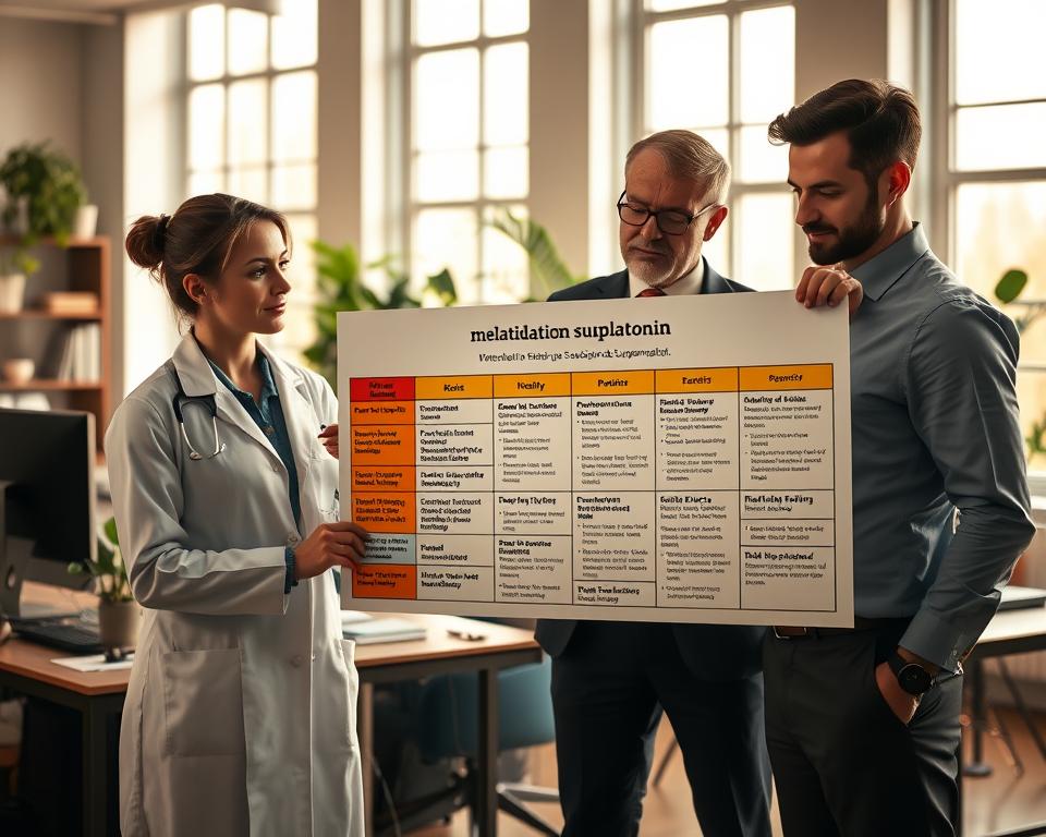 A visually engaging composition representing the contraindications of melatonin supplementation. In the foreground, a diverse group of three professionals, a woman in a lab coat and two men in business attire, are examining a chart displaying potential risks and side effects of melatonin. The middle ground features a well-organized office environment, with books, plants, and a computer, emphasizing a scholarly atmosphere. The background has large windows letting in warm, soft daylight, creating a calm and informative mood. The lighting enhances details on the chart while keeping the overall scene harmonious and inviting. The image should convey a sense of careful examination and thoughtful discussion around health and wellness. A visually engaging composition representing the contraindications of melatonin supplementation. In the foreground, a diverse group of three professionals, a woman in a lab coat and two men in business attire, are examining a chart displaying potential risks and side effects of melatonin. The middle ground features a well-organized office environment, with books, plants, and a computer, emphasizing a scholarly atmosphere. The background has large windows letting in warm, soft daylight, creating a calm and informative mood. The lighting enhances details on the chart while keeping the overall scene harmonious and inviting. The image should convey a sense of careful examination and thoughtful discussion around health and wellness.