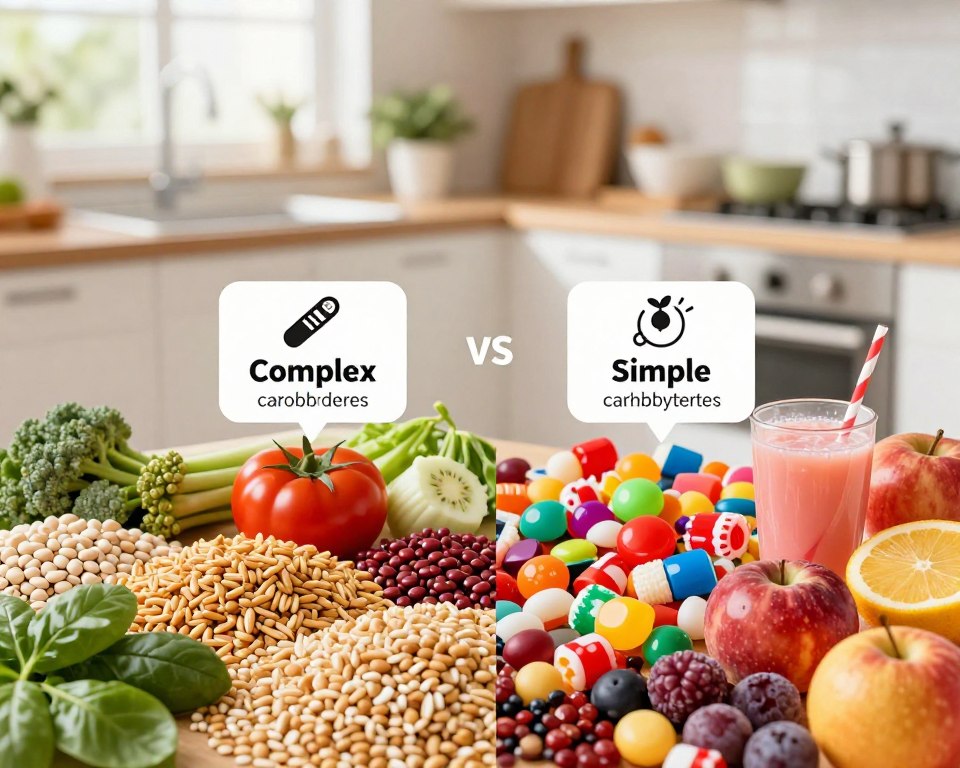 A visually engaging illustration depicting the distinction between complex and simple carbohydrates. In the foreground, showcase a split image: on one side, vividly illustrated complex carbohydrates like whole grains, legumes, and vegetables, while on the other side, simple carbohydrates such as candies, sugary drinks, and fruits. In the middle ground, include labels or icons indicating their definitions and properties, using clear symbols. The background should be a bright kitchen or grocery store setting, bathed in natural light to give a fresh and healthy atmosphere. Use a slight top-down angle to emphasize the variety and textures of the food, enhancing the informative feel of the image. The mood should be educational and vibrant, inviting viewers to learn more about nutrition. No text or watermarks present. A visually engaging illustration depicting the distinction between complex and simple carbohydrates. In the foreground, showcase a split image: on one side, vividly illustrated complex carbohydrates like whole grains, legumes, and vegetables, while on the other side, simple carbohydrates such as candies, sugary drinks, and fruits. In the middle ground, include labels or icons indicating their definitions and properties, using clear symbols. The background should be a bright kitchen or grocery store setting, bathed in natural light to give a fresh and healthy atmosphere. Use a slight top-down angle to emphasize the variety and textures of the food, enhancing the informative feel of the image. The mood should be educational and vibrant, inviting viewers to learn more about nutrition. No text or watermarks present.