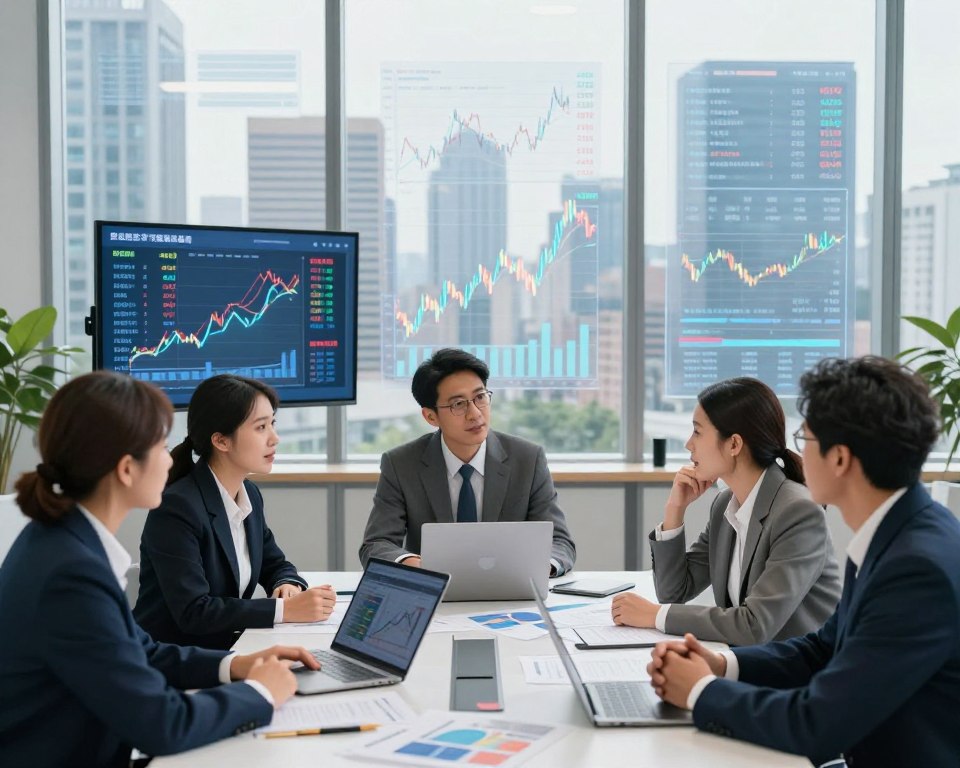 A visually engaging image depicting a professional and informative atmosphere focused on investment challenges and opportunities. In the foreground, show a diverse group of businesspeople in professional attire, engaged in a discussion around a conference table with charts and graphs displayed on digital screens. The middle ground features transparent overlays of financial data such as stock prices and trends, illustrating the dynamic nature of investments. In the background, a modern office skyline can be seen through large windows, with natural light illuminating the scene, creating a sense of optimism and professionalism. Capture the mood of careful consideration and strategic planning, using a wide-angle lens to emphasize the collaborative environment and the importance of informed decision-making in investing. A visually engaging image depicting a professional and informative atmosphere focused on investment challenges and opportunities. In the foreground, show a diverse group of businesspeople in professional attire, engaged in a discussion around a conference table with charts and graphs displayed on digital screens. The middle ground features transparent overlays of financial data such as stock prices and trends, illustrating the dynamic nature of investments. In the background, a modern office skyline can be seen through large windows, with natural light illuminating the scene, creating a sense of optimism and professionalism. Capture the mood of careful consideration and strategic planning, using a wide-angle lens to emphasize the collaborative environment and the importance of informed decision-making in investing.