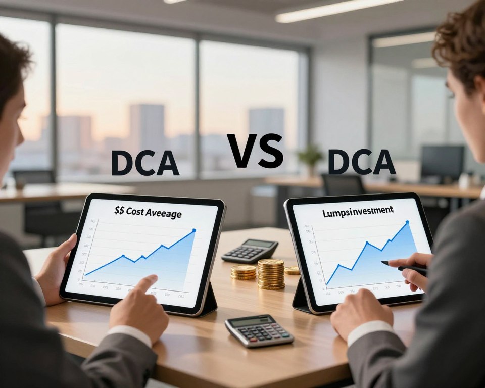 A visually engaging split-screen illustration comparing dollar cost averaging (DCA) and a lump-sum investment, highlighting the main differences. In the foreground, depict a professional in business attire analyzing two graphs on digital tablets; on one side, a steady upward trend representing DCA, with gradual peaks and valleys; on the other, a sharp spike for a lump-sum investment. In the middle ground, include symbols of finance, like coins and calculators, to enhance the theme. The background showcases a modern office with large windows and a cityscape outside, illuminated by soft, warm light to convey a sense of opportunity and optimism. The overall mood should be informative and professional, inviting the viewer to understand the concepts clearly. A visually engaging split-screen illustration comparing dollar cost averaging (DCA) and a lump-sum investment, highlighting the main differences. In the foreground, depict a professional in business attire analyzing two graphs on digital tablets; on one side, a steady upward trend representing DCA, with gradual peaks and valleys; on the other, a sharp spike for a lump-sum investment. In the middle ground, include symbols of finance, like coins and calculators, to enhance the theme. The background showcases a modern office with large windows and a cityscape outside, illuminated by soft, warm light to convey a sense of opportunity and optimism. The overall mood should be informative and professional, inviting the viewer to understand the concepts clearly.