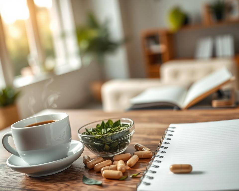 A visually striking composition illustrating the synergistic blend of L-theanine and caffeine for enhanced focus. In the foreground, a serene, well-organized workspace featuring a steaming cup of coffee beside a small bowl of green tea leaves and a few L-theanine capsules. In the middle ground, a soft, open notebook with neat handwritten notes, symbolizing concentration and clarity. The background showcases a calming, blurred office with warm, natural light filtering through a window, creating an inviting atmosphere. The overall mood is one of tranquility and productivity, evoking a sense of mental clarity and focus. The scene is captured with a soft depth of field, emphasizing the foreground elements while keeping the background subtly blurred to draw attention to the core ingredients. A visually striking composition illustrating the synergistic blend of L-theanine and caffeine for enhanced focus. In the foreground, a serene, well-organized workspace featuring a steaming cup of coffee beside a small bowl of green tea leaves and a few L-theanine capsules. In the middle ground, a soft, open notebook with neat handwritten notes, symbolizing concentration and clarity. The background showcases a calming, blurred office with warm, natural light filtering through a window, creating an inviting atmosphere. The overall mood is one of tranquility and productivity, evoking a sense of mental clarity and focus. The scene is captured with a soft depth of field, emphasizing the foreground elements while keeping the background subtly blurred to draw attention to the core ingredients.