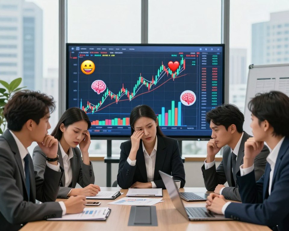 A visually striking image capturing the impact of emotions on investment decisions, set in a serene office environment. In the foreground, a diverse group of five professionals in business attire, displaying various emotional expressions: excitement, anxiety, contemplation, and determination, as they discuss investment strategies around a conference table. The middle ground features a large screen displaying fluctuating stock market graphs, interspersed with emotive symbols like a heart and a brain, representing the psychological aspects of investing. The background includes large windows with a view of a bustling cityscape, suggesting the broader financial market environment. Soft, natural lighting creates an inviting atmosphere, emphasizing the thoughtful energy in this strategic discussion. The overall mood balances professionalism with the complexity of human emotions in investing. A visually striking image capturing the impact of emotions on investment decisions, set in a serene office environment. In the foreground, a diverse group of five professionals in business attire, displaying various emotional expressions: excitement, anxiety, contemplation, and determination, as they discuss investment strategies around a conference table. The middle ground features a large screen displaying fluctuating stock market graphs, interspersed with emotive symbols like a heart and a brain, representing the psychological aspects of investing. The background includes large windows with a view of a bustling cityscape, suggesting the broader financial market environment. Soft, natural lighting creates an inviting atmosphere, emphasizing the thoughtful energy in this strategic discussion. The overall mood balances professionalism with the complexity of human emotions in investing.
