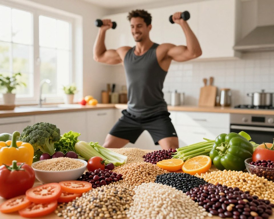 A visually striking image depicting the health benefits of complex carbohydrates. In the foreground, a vibrant assortment of whole grains, legumes, and colorful vegetables, symbolizing energy and nourishment. The middle ground showcases a well-defined athlete in professional sports apparel, joyfully engaging in strength training, embodying vitality and power. The background features a softly lit kitchen setting with sunlight filtering through a window, emphasizing a clean and wholesome environment. The atmosphere is energetic and motivating, inspiring a connection between nutrition and fitness. Use bright, warm lighting to enhance the inviting feel, captured from a slightly elevated angle to highlight the dynamic scene. A visually striking image depicting the health benefits of complex carbohydrates. In the foreground, a vibrant assortment of whole grains, legumes, and colorful vegetables, symbolizing energy and nourishment. The middle ground showcases a well-defined athlete in professional sports apparel, joyfully engaging in strength training, embodying vitality and power. The background features a softly lit kitchen setting with sunlight filtering through a window, emphasizing a clean and wholesome environment. The atmosphere is energetic and motivating, inspiring a connection between nutrition and fitness. Use bright, warm lighting to enhance the inviting feel, captured from a slightly elevated angle to highlight the dynamic scene.