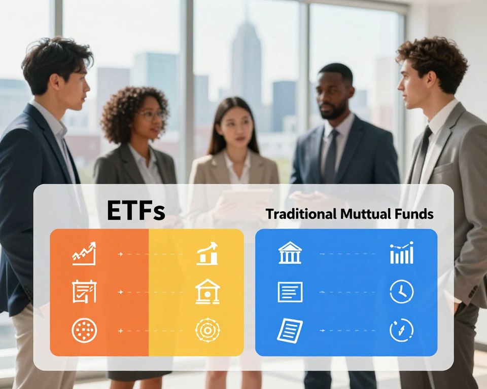 A visually striking infographic-style image comparing ETFs and traditional mutual funds. In the foreground, a clear, divided chart illustrates the key differences, with vibrant colors representing each type: ETFs on one side, labeled with icons of stock market elements, and traditional mutual funds on the other, depicted with symbols of banks and paperwork. In the middle ground, a group of diverse professionals in business attire are engaged in a discussion, analyzing the chart with interest. The background features a soft-focus financial district skyline, symbolizing the investment landscape, under bright, natural lighting that conveys a sense of opportunity and clarity. The atmosphere is informative and dynamic, inviting viewers to learn more about the topic. A visually striking infographic-style image comparing ETFs and traditional mutual funds. In the foreground, a clear, divided chart illustrates the key differences, with vibrant colors representing each type: ETFs on one side, labeled with icons of stock market elements, and traditional mutual funds on the other, depicted with symbols of banks and paperwork. In the middle ground, a group of diverse professionals in business attire are engaged in a discussion, analyzing the chart with interest. The background features a soft-focus financial district skyline, symbolizing the investment landscape, under bright, natural lighting that conveys a sense of opportunity and clarity. The atmosphere is informative and dynamic, inviting viewers to learn more about the topic.