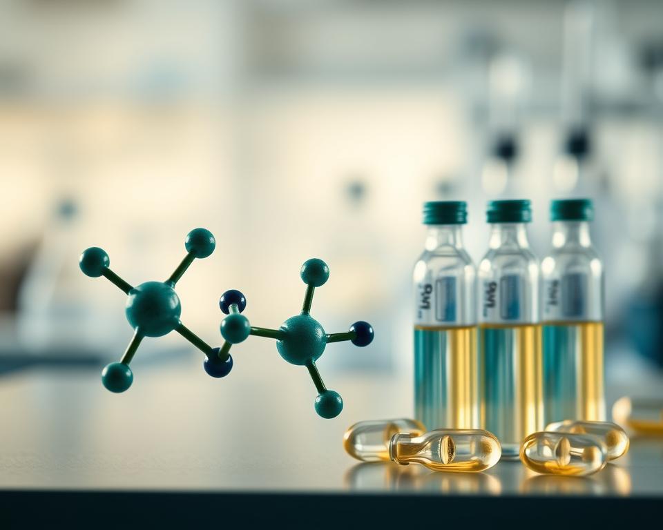 A visually striking representation of chemical forms highlighting the biodisponibility of Omega-3 fatty acids, specifically EPA and DHA. In the foreground, a close-up of molecular structures depicting omega-3 compounds, elegantly arranged with vibrant colors like deep greens and blues to signify health benefits. In the middle ground, transparent capsules containing liquid Omega-3, reflecting light to emphasize purity and bioavailability. The background features a blurred scientific laboratory setting, providing a professional atmosphere and hinting at research and innovation. Soft, natural lighting enhances the overall calming effect, while a slight depth of field focuses on the chemistry aspect. The mood conveys sophistication and trust in nutritional science without any text or distractions. A visually striking representation of chemical forms highlighting the biodisponibility of Omega-3 fatty acids, specifically EPA and DHA. In the foreground, a close-up of molecular structures depicting omega-3 compounds, elegantly arranged with vibrant colors like deep greens and blues to signify health benefits. In the middle ground, transparent capsules containing liquid Omega-3, reflecting light to emphasize purity and bioavailability. The background features a blurred scientific laboratory setting, providing a professional atmosphere and hinting at research and innovation. Soft, natural lighting enhances the overall calming effect, while a slight depth of field focuses on the chemistry aspect. The mood conveys sophistication and trust in nutritional science without any text or distractions.