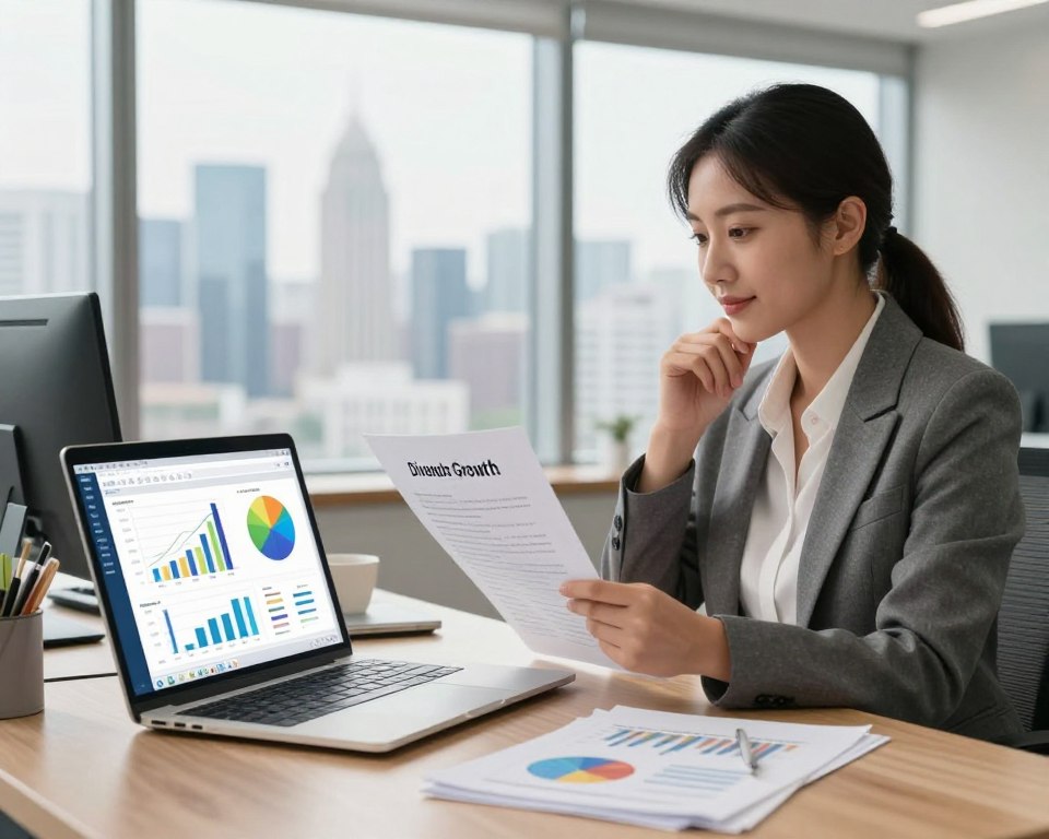 A vivid illustration representing the concept of building a dividend portfolio, focusing on two key strategies: High Yield and Dividend Growth. In the foreground, display a modern office desk with a laptop open to a financial analysis software showing colorful charts and graphs. In the middle ground, include a professional woman in business attire, thoughtfully analyzing documents and graphs, with a confident expression. The background features a large window revealing a bright city skyline, symbolizing growth and opportunity. Use soft, ambient lighting to create a warm, inviting atmosphere. The camera angle should be slightly elevated, capturing both the desk details and the inspiring view outside. The overall mood should be focused and strategic, emphasizing professionalism and financial literacy.
