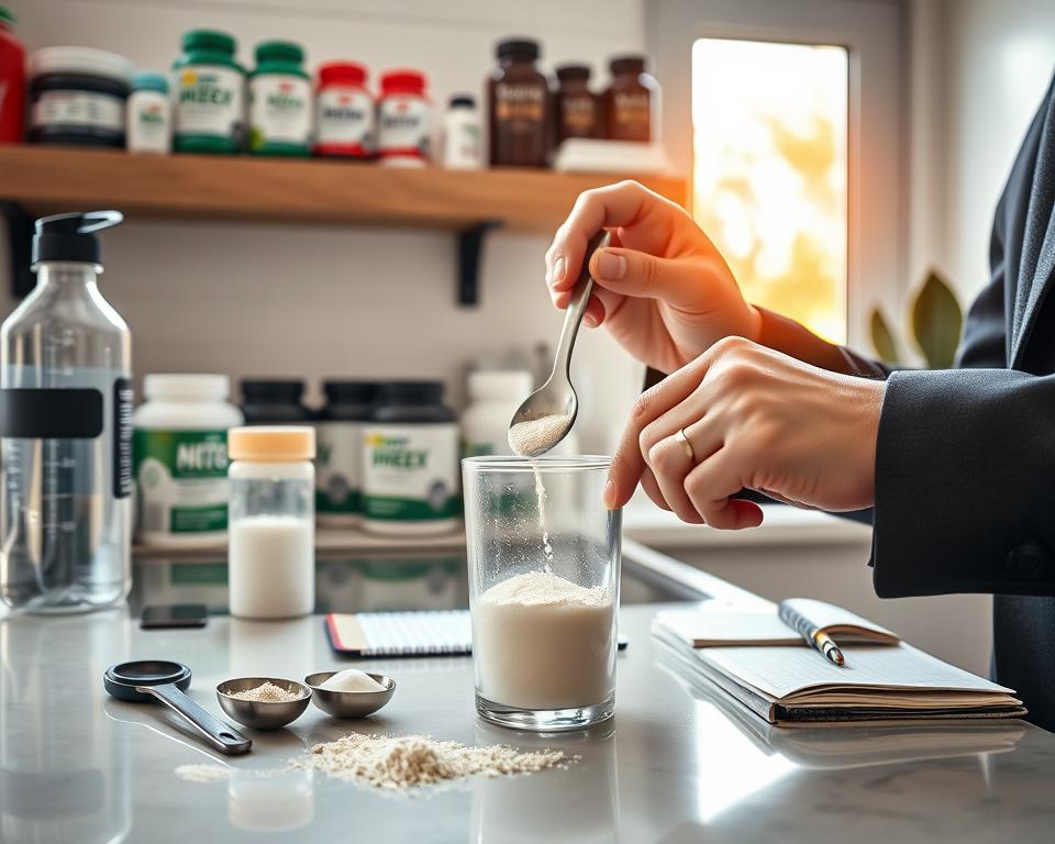 A well-organized kitchen countertop featuring a clear glass container filled with creatine powder, alongside measuring spoons, a shaker bottle, and a water bottle. In the foreground, an individual in a professional business attire carefully measures out the creatine, demonstrating proper dosing. The focus is on their hands and the measuring spoon, showcasing precision. In the middle, natural light streams in from a window, creating a warm and inviting atmosphere, highlighting the products. The background features neatly arranged fitness supplements, a notebook with handwritten notes on dosage, and a fitness magazine. The overall mood conveys a sense of health, focus, and professionalism, emphasizing the importance of correct creatine dosage for optimal results.