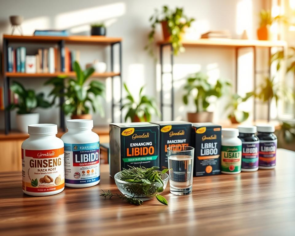 A well-organized tabletop display of various natural supplements aimed at enhancing libido, presented with vivid colors and appealing packaging. In the foreground, a selection of supplement bottles and boxes, showcasing ingredients like ginseng, maca root, and Tribulus terrestris, arranged neatly on a sleek wooden table. The middle ground features a small bowl of fresh herbs and a glass of water, suggesting a healthy lifestyle. In the background, soft-focus shelves lined with health books and plants create a calming atmosphere. The lighting is warm and inviting, with natural sunlight filtering through a nearby window, casting gentle shadows. The mood is uplifting and informative, encouraging a sense of wellness and empowerment. A well-organized tabletop display of various natural supplements aimed at enhancing libido, presented with vivid colors and appealing packaging. In the foreground, a selection of supplement bottles and boxes, showcasing ingredients like ginseng, maca root, and Tribulus terrestris, arranged neatly on a sleek wooden table. The middle ground features a small bowl of fresh herbs and a glass of water, suggesting a healthy lifestyle. In the background, soft-focus shelves lined with health books and plants create a calming atmosphere. The lighting is warm and inviting, with natural sunlight filtering through a nearby window, casting gentle shadows. The mood is uplifting and informative, encouraging a sense of wellness and empowerment.