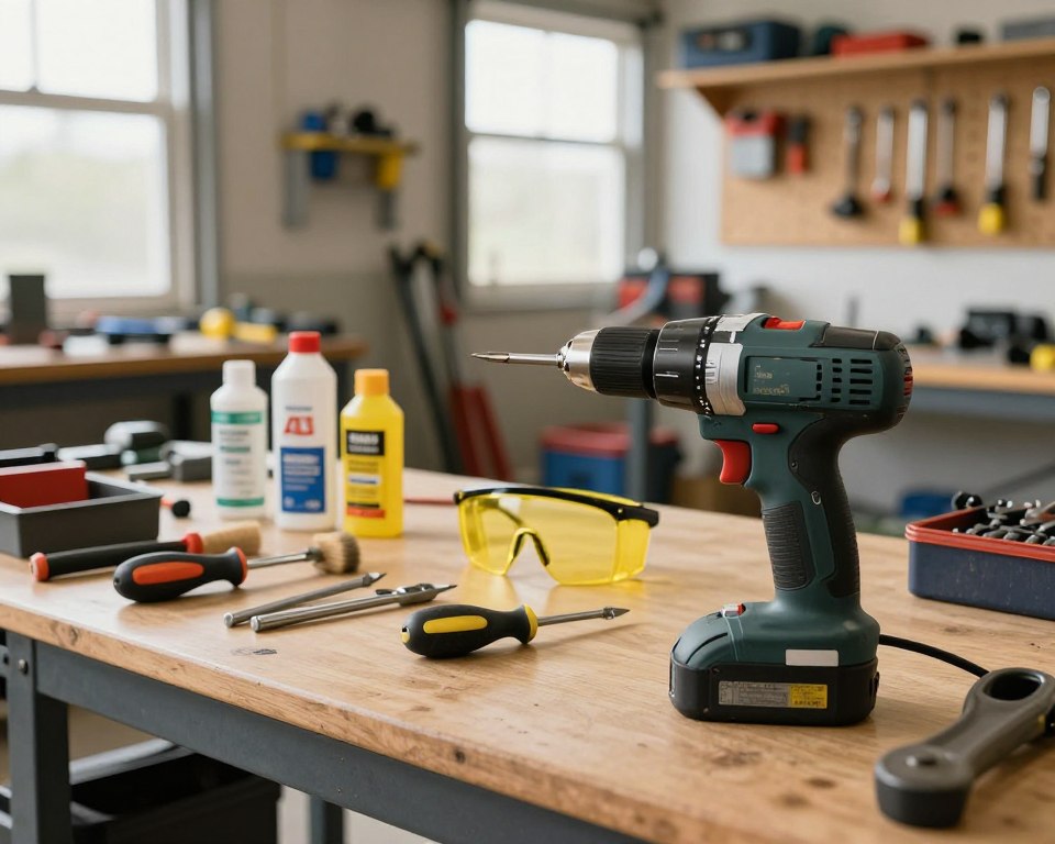 A well-organized workshop interior featuring a professional-looking workbench with a drill and screwdriver prominently displayed in the foreground. The drill is partially disassembled, showcasing its internal components for maintenance tips. In the middle, various tools for usage and maintenance are neatly arranged, including lubricants, brushes, and safety goggles, emphasizing practical advice. The background should depict a well-lit garage or workspace filled with shelves of tools, a pegboard with hanging tools, and natural light streaming in from a window, creating an inviting and functional atmosphere. The overall mood is industrious and educational, inviting readers to explore safe usage and maintenance techniques. A well-organized workshop interior featuring a professional-looking workbench with a drill and screwdriver prominently displayed in the foreground. The drill is partially disassembled, showcasing its internal components for maintenance tips. In the middle, various tools for usage and maintenance are neatly arranged, including lubricants, brushes, and safety goggles, emphasizing practical advice. The background should depict a well-lit garage or workspace filled with shelves of tools, a pegboard with hanging tools, and natural light streaming in from a window, creating an inviting and functional atmosphere. The overall mood is industrious and educational, inviting readers to explore safe usage and maintenance techniques.