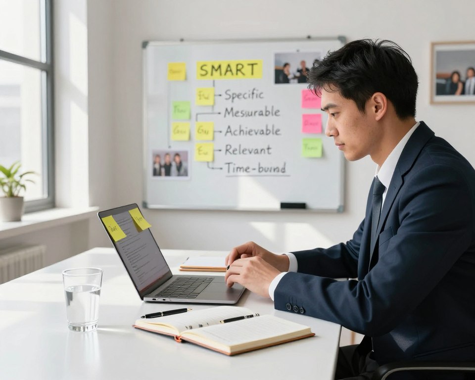 A well-organized workspace featuring a focused man in professional business attire, sitting at a modern desk filled with notebooks, a laptop, and colorful sticky notes labeled with SMART goals (Specific, Measurable, Achievable, Relevant, Time-bound). In the foreground, a clear glass of water and a pen are placed next to an open planner. The middle ground shows a whiteboard with diagrams visually representing the SMART criteria, with motivational images or quotes subtly incorporated. In the background, bright natural light streams through a large window, casting soft shadows and enhancing a productive, inspiring atmosphere. The composition should highlight clarity, determination, and a structured approach, inviting viewers into the process of effectively setting and achieving goals.