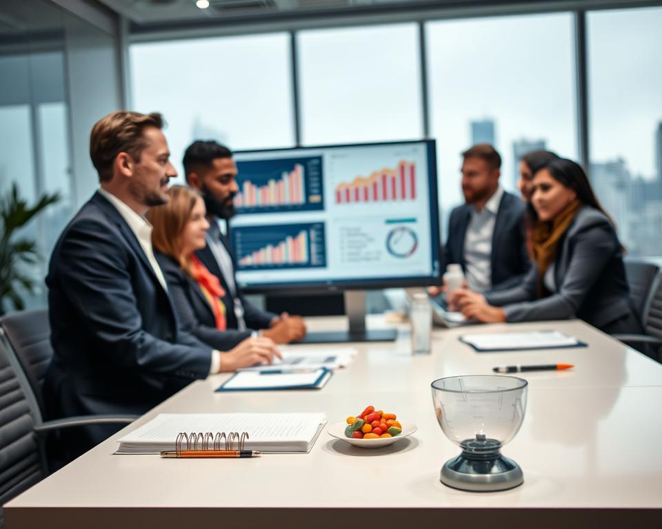 A well-organized workspace featuring a modern computer monitor displaying graphs and statistics related to supplement tracking. In the foreground, a diverse team of professionals in business attire reviews data, their expressions focused and analytical. The middle ground includes a sleek desk with notebooks, a pen, and a measuring scale for supplements, indicating careful monitoring of progress. In the background, soft ambient lighting creates a professional atmosphere, while a window reveals a blurred city skyline, suggesting an urban environment. The mood conveys a sense of productivity and diligence, emphasizing the importance of objective tracking in supplement effectiveness. Capture this scene with a wide-angle perspective to encompass the entire environment. A well-organized workspace featuring a modern computer monitor displaying graphs and statistics related to supplement tracking. In the foreground, a diverse team of professionals in business attire reviews data, their expressions focused and analytical. The middle ground includes a sleek desk with notebooks, a pen, and a measuring scale for supplements, indicating careful monitoring of progress. In the background, soft ambient lighting creates a professional atmosphere, while a window reveals a blurred city skyline, suggesting an urban environment. The mood conveys a sense of productivity and diligence, emphasizing the importance of objective tracking in supplement effectiveness. Capture this scene with a wide-angle perspective to encompass the entire environment.
