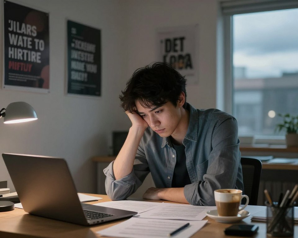 A young professional sitting at a cluttered desk in a cozy, softly lit home office, looking defeated and lost in thought. In the foreground, the subject has their head resting on one hand, surrounded by papers, a laptop, and a half-finished cup of coffee, reflecting a sense of burnout and lack of motivation. The middle ground features a wall decorated with motivational posters that seem to contrast with the subject's mood. In the background, a window with a view of a cloudy sky, suggesting a gloomy atmosphere. Soft, diffused lighting highlights the subject’s contemplative expression, evoking feelings of introspection and the struggle to regain motivation. A young professional sitting at a cluttered desk in a cozy, softly lit home office, looking defeated and lost in thought. In the foreground, the subject has their head resting on one hand, surrounded by papers, a laptop, and a half-finished cup of coffee, reflecting a sense of burnout and lack of motivation. The middle ground features a wall decorated with motivational posters that seem to contrast with the subject's mood. In the background, a window with a view of a cloudy sky, suggesting a gloomy atmosphere. Soft, diffused lighting highlights the subject’s contemplative expression, evoking feelings of introspection and the struggle to regain motivation.