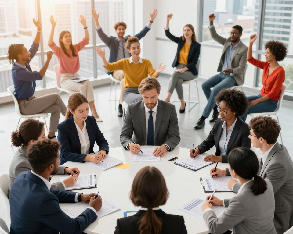 Imagine a split-scene composition illustrating the practical application of discipline versus motivation in daily life. In the foreground, depict a diverse group of individuals in professional business attire actively engaging in a structured planning session around a large table, showcasing focus and collaboration. In the middle ground, illustrate a contrasting scene where another group participates in a motivational workshop, featuring vibrant colors and dynamic expressions, emphasizing energy and enthusiasm. The background should contain a cityscape, symbolizing the day-to-day challenges and achievements. Use soft, warm lighting to create a welcoming atmosphere, highlighting both the serious and vibrant aspects of these concepts. Capture this scene with a slight overhead angle to provide a comprehensive view of both groups working towards their goals. Imagine a split-scene composition illustrating the practical application of discipline versus motivation in daily life. In the foreground, depict a diverse group of individuals in professional business attire actively engaging in a structured planning session around a large table, showcasing focus and collaboration. In the middle ground, illustrate a contrasting scene where another group participates in a motivational workshop, featuring vibrant colors and dynamic expressions, emphasizing energy and enthusiasm. The background should contain a cityscape, symbolizing the day-to-day challenges and achievements. Use soft, warm lighting to create a welcoming atmosphere, highlighting both the serious and vibrant aspects of these concepts. Capture this scene with a slight overhead angle to provide a comprehensive view of both groups working towards their goals.