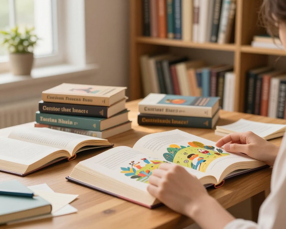 In a cozy, well-lit study, a wooden desk is adorned with open books and scattered notes, showcasing the role of books in inspiration and learning. In the foreground, a pair of hands is seen flipping through the pages of a beautifully illustrated book, with vibrant visuals that spark curiosity. The middle layer features books stacked on top of each other, their covers displaying titles related to motivation, personal growth, and education. The background reveals a large bookshelf filled with an array of books, soft golden light filtering in through a window, creating a warm and inviting atmosphere. A plant on the windowsill adds a touch of nature, enhancing the serene environment. The image conveys a sense of exploration and intellectual pursuit, ideal for illustrating the importance of books in personal development.