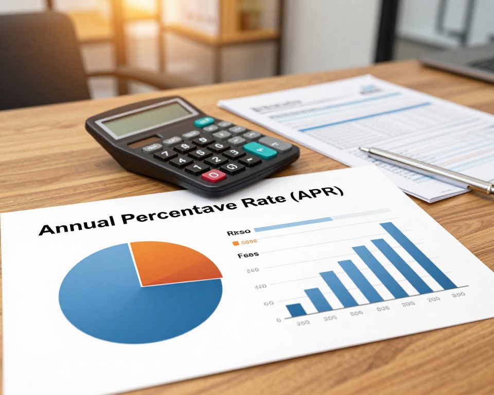 A clear and informative visual representation of the components of the Annual Percentage Rate (APR) and the total cost of a loan. In the foreground, a modern infographic style design with pie charts and bar graphs illustrating the breakdown of RRSO (APR components) such as interest rates, fees, and other potential costs. The middle layer features a calculator and financial documents placed on a sleek wooden desk, symbolizing thorough financial assessment. The background includes a blurred image of a professional office setting with warm, ambient lighting that creates an inviting yet serious atmosphere. The camera angle is slightly above the desk, focusing on the graphs and calculator, accentuating the analysis theme.