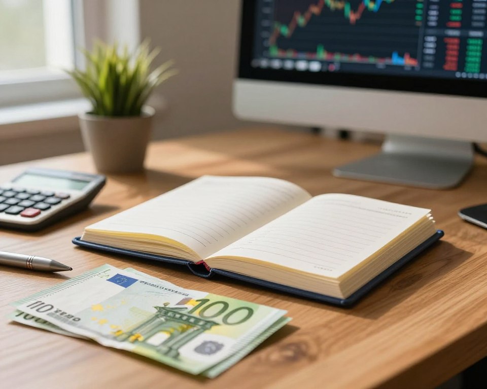 A close-up view of a savings account concept, featuring a modern, elegant savings account book resting on a polished wooden desk. In the foreground, crisp euro banknotes are casually spread, alongside a stylus and a financial calculator, suggesting active financial planning. The middle ground includes a small potted plant adding a touch of greenery, symbolizing growth. In the background, out-of-focus stock market charts on a sleek, high-resolution computer screen highlight financial trends. Soft, natural light filters in through a nearby window, casting gentle shadows, creating a warm and inviting atmosphere. The overall mood is one of professionalism and optimism, ideal for someone exploring financial opportunities. A close-up view of a savings account concept, featuring a modern, elegant savings account book resting on a polished wooden desk. In the foreground, crisp euro banknotes are casually spread, alongside a stylus and a financial calculator, suggesting active financial planning. The middle ground includes a small potted plant adding a touch of greenery, symbolizing growth. In the background, out-of-focus stock market charts on a sleek, high-resolution computer screen highlight financial trends. Soft, natural light filters in through a nearby window, casting gentle shadows, creating a warm and inviting atmosphere. The overall mood is one of professionalism and optimism, ideal for someone exploring financial opportunities.