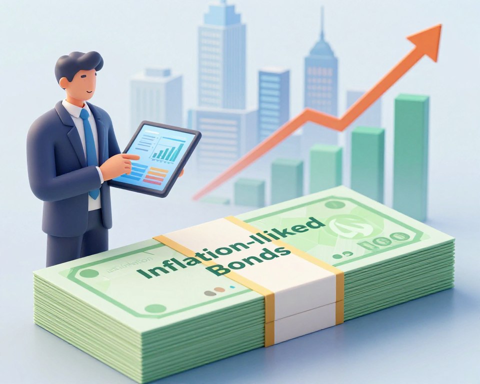 A conceptual illustration depicting "Inflation-linked Bonds" as a safeguard against rising prices. In the foreground, a stack of colorful, stylized bonds symbolizing security and financial growth, with a subtle "anti-inflation" emblem. The middle layer features a confident, professional-looking individual in business attire, analyzing market graphs and inflation rates on a tablet. In the background, an urban skyline with upward-trending bar graphs integrated into the buildings, representing economic growth amidst rising inflation. Soft, natural lighting creates a hopeful atmosphere, highlighting the theme of financial resilience. The angle is slightly elevated, offering a dynamic view of this financial landscape without any text or overlays.