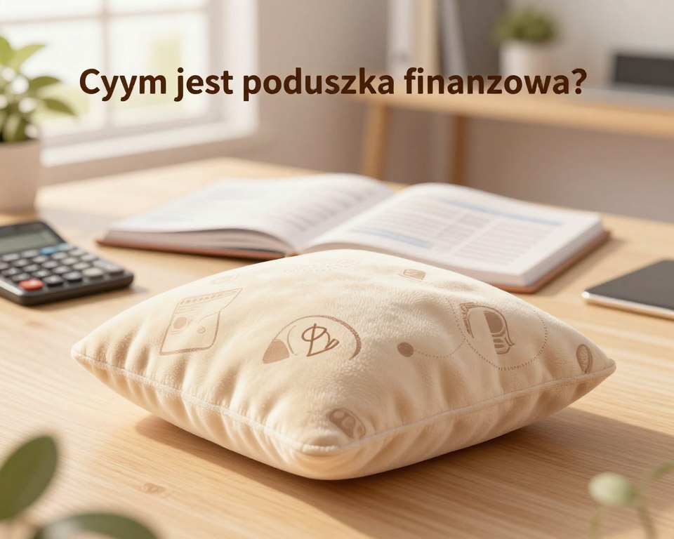 A conceptual illustration of "Czym jest poduszka finansowa?" featuring a soft, inviting financial cushion made of plush fabric, symbolizing security. In the foreground, the cushion is adorned with subtle patterns representing currency and savings. In the middle ground, a gentle, serene office environment with an open notebook filled with financial plans and a calculator resting beside it. In the background, soft-focus images of a tranquil outdoor scene, hinting at peace of mind. The lighting is warm and natural, casting soft shadows that create a cozy atmosphere. Use a wide-angle lens to capture the depth of the scene. The overall mood is calm, reassuring, and reflective of financial stability.