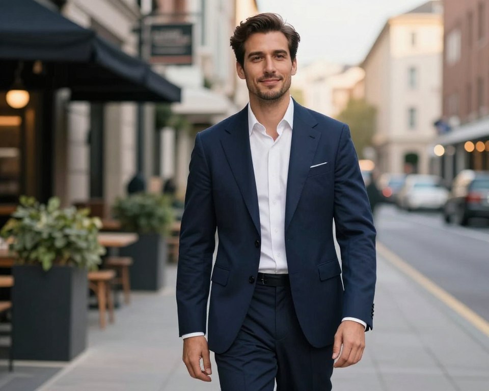 A confident man standing in an urban setting, showcasing a polished appearance. He wears a well-fitted navy blazer over a crisp white shirt, coupled with tailored trousers. His posture is straight and relaxed, exuding self-assurance. In the foreground, focus on his expressive face with a subtle smile, portraying approachability and charisma. The middle ground features stylish street elements like a modern café and greenery, suggesting a vibrant environment. The background showcases soft blurred city buildings under warm evening light, creating an inviting atmosphere. Use a slightly angled perspective to emphasize depth, with a shallow depth of field to keep the focus on the man while softly blending the background. The mood is one of sophistication, confidence, and contemporary style. A confident man standing in an urban setting, showcasing a polished appearance. He wears a well-fitted navy blazer over a crisp white shirt, coupled with tailored trousers. His posture is straight and relaxed, exuding self-assurance. In the foreground, focus on his expressive face with a subtle smile, portraying approachability and charisma. The middle ground features stylish street elements like a modern café and greenery, suggesting a vibrant environment. The background showcases soft blurred city buildings under warm evening light, creating an inviting atmosphere. Use a slightly angled perspective to emphasize depth, with a shallow depth of field to keep the focus on the man while softly blending the background. The mood is one of sophistication, confidence, and contemporary style.