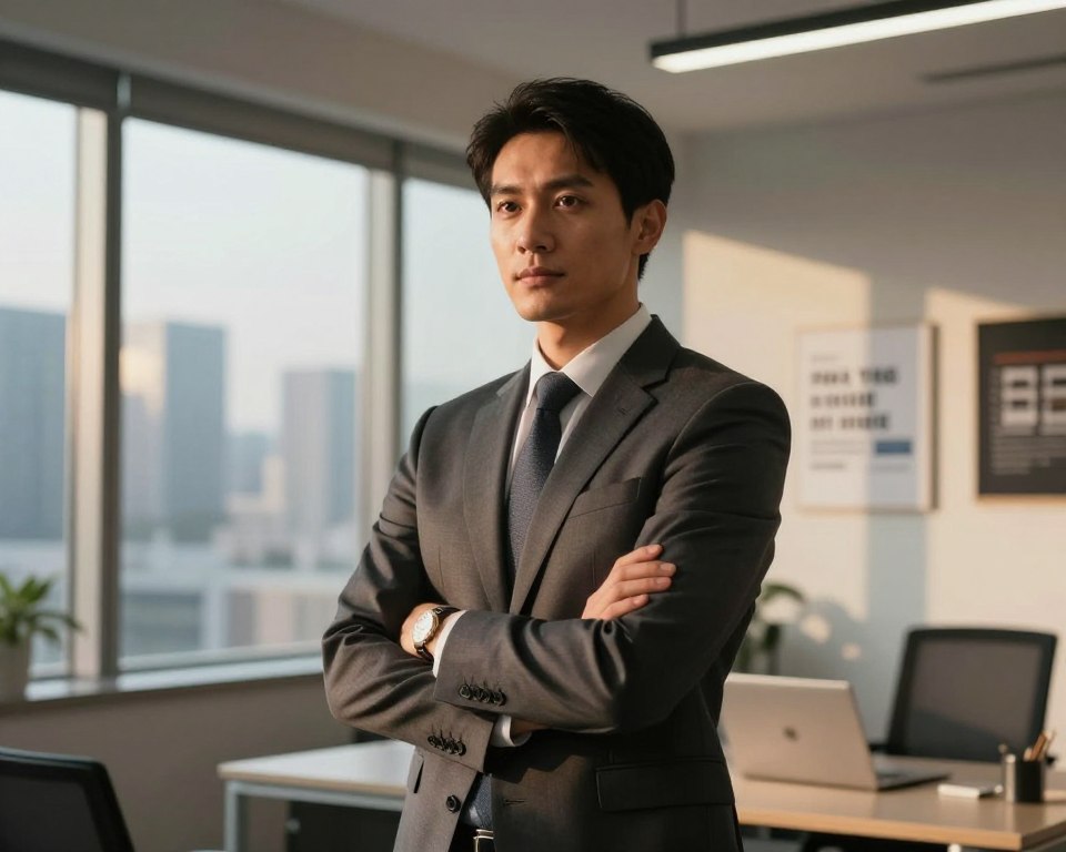 A confident man stands in a modern office environment, dressed in a sharp business suit with a tailored fit. His posture is tall and assertive, with arms crossed, projecting an aura of self-assurance. The foreground captures his crisp, engaging expression, emphasizing his drive and focus. In the middle ground, a glass window reveals an urban skyline, symbolizing ambition and progress. The background includes subtle details like motivational posters on the wall and a sleek desk with a laptop, encouraging productivity. The lighting is warm and inviting, casting soft shadows that highlight his features, creating a mood of empowerment and professionalism. The angle is slightly low, enhancing the sense of authority and confidence in the setting. A confident man stands in a modern office environment, dressed in a sharp business suit with a tailored fit. His posture is tall and assertive, with arms crossed, projecting an aura of self-assurance. The foreground captures his crisp, engaging expression, emphasizing his drive and focus. In the middle ground, a glass window reveals an urban skyline, symbolizing ambition and progress. The background includes subtle details like motivational posters on the wall and a sleek desk with a laptop, encouraging productivity. The lighting is warm and inviting, casting soft shadows that highlight his features, creating a mood of empowerment and professionalism. The angle is slightly low, enhancing the sense of authority and confidence in the setting.