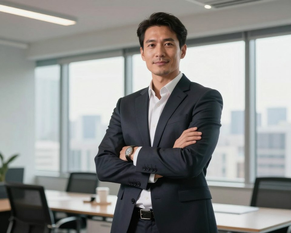 A confident man stands tall in a modern office environment, showcasing his self-assurance. He wears a sharp, professional suit with a neatly tailored blazer and a crisp shirt, exuding authority. His posture is open and relaxed, arms crossed comfortably or resting at his sides, with a slight smile that suggests approachability. In the background, large windows reveal a bustling cityscape under bright sunlight, adding a sense of vitality. The lighting is warm and inviting, highlighting the man’s features. The camera angle is slightly low, emphasizing his stature and strength. The overall mood is one of empowerment and self-confidence, capturing the essence of what it means to be a self-assured man. A confident man stands tall in a modern office environment, showcasing his self-assurance. He wears a sharp, professional suit with a neatly tailored blazer and a crisp shirt, exuding authority. His posture is open and relaxed, arms crossed comfortably or resting at his sides, with a slight smile that suggests approachability. In the background, large windows reveal a bustling cityscape under bright sunlight, adding a sense of vitality. The lighting is warm and inviting, highlighting the man’s features. The camera angle is slightly low, emphasizing his stature and strength. The overall mood is one of empowerment and self-confidence, capturing the essence of what it means to be a self-assured man.