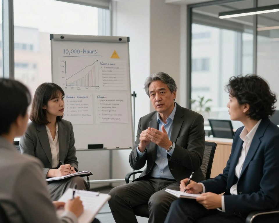 A contemplative scene in a modern office setting, focusing on a diverse group of professionals engaged in a discussion. In the foreground, a middle-aged man in a tailored suit gestures thoughtfully, while a young woman in smart business attire takes notes. The middle layer features a sleek whiteboard filled with graphs and notes reflecting the 10,000-hour concept, alongside critical points on its limitations. The background shows a large window with urban views, allowing natural light to flood the room, creating an atmosphere of focused debate and introspection. The mood is serious yet collaborative, suggesting a deep analysis of mastery and its critiques. Soft, diffused lighting enhances the warm tones, evoking a sense of professionalism and engagement.
