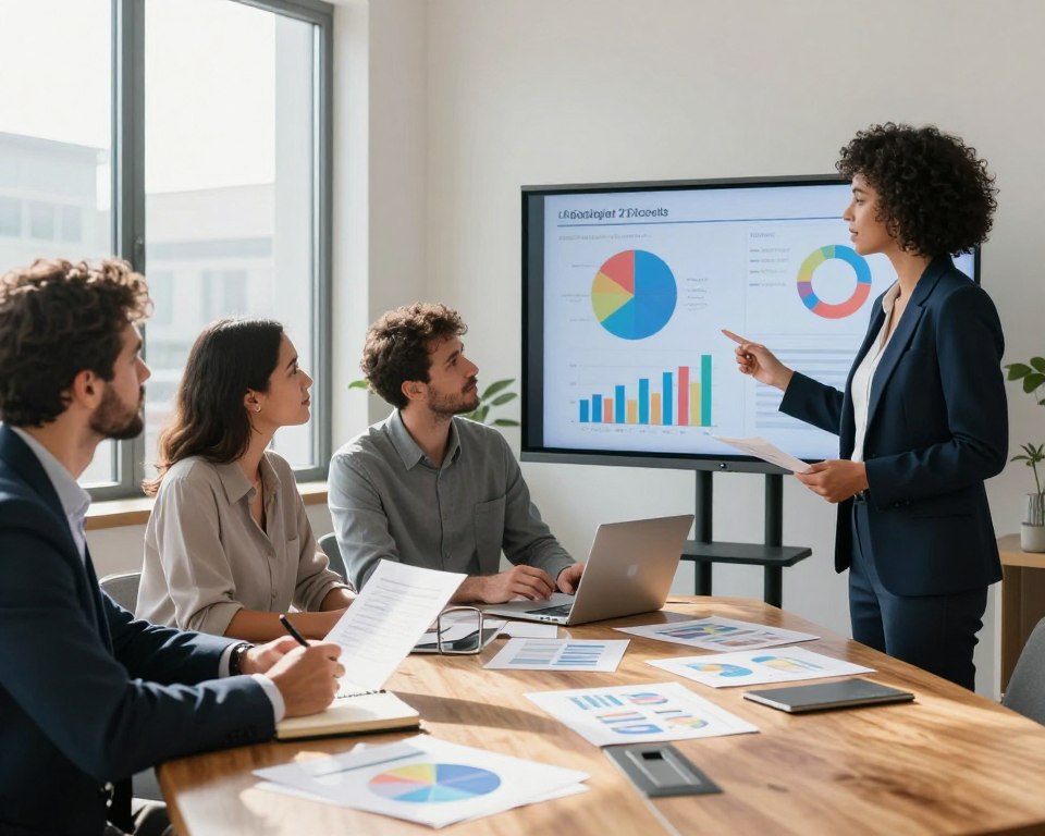A contemporary office environment featuring a diverse group of four professionals engaged in a quarterly review meeting. In the foreground, a confident woman in a smart business suit is presenting a colorful graph on a digital screen, highlighting key progress metrics. To her left, a focused man in formal wear takes notes, while another woman in modest casual attire analyzes a report. In the background, large windows allow natural light to flood the room, casting soft shadows on the polished wooden table. The mood is collaborative and dynamic, filled with an atmosphere of innovation and determination. Various charts and documents related to goal setting are scattered around, suggesting an organized yet busy workspace.