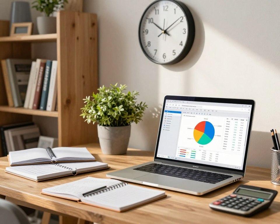 A cozy home office setting featuring a wooden desk cluttered with budgeting tools. In the foreground, a laptop with spreadsheet software open, displaying colorful pie charts and expense categories. Beside it, a notepad with handwritten notes and a calculator. In the middle ground, a potted plant adds a touch of freshness, while a stylish wall clock indicates time management is essential. The background shows a bookshelf filled with personal finance books and decorative items, creating a warm atmosphere. Soft, natural light filters through a window, casting gentle shadows. The overall mood is inspiring and organized, reflecting effective household budget planning and expense management. No people are present in the scene.