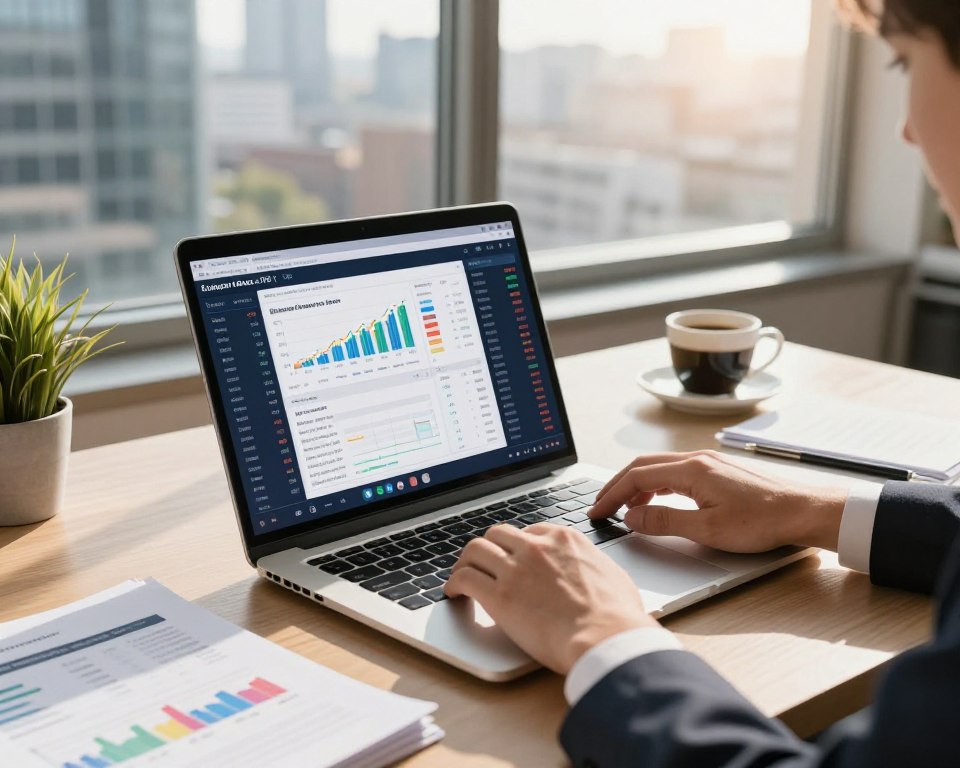 A detailed and visually striking scene depicting an online brokerage account for European ETFs. In the foreground, a sleek laptop with a financial analysis dashboard open, showcasing colorful graphs and real-time market data. A pair of hands, dressed in professional attire, is skillfully navigating the interface. In the middle ground, a well-organized workspace features financial reports, a cup of coffee, and a potted plant, creating a productive atmosphere. The background shows a large window with a view of a modern city skyline, bathed in warm afternoon sunlight, casting soft shadows across the desk. The overall mood is one of focus, professionalism, and the excitement of investing, emphasizing the theme of European Exchange-Traded Funds. A detailed and visually striking scene depicting an online brokerage account for European ETFs. In the foreground, a sleek laptop with a financial analysis dashboard open, showcasing colorful graphs and real-time market data. A pair of hands, dressed in professional attire, is skillfully navigating the interface. In the middle ground, a well-organized workspace features financial reports, a cup of coffee, and a potted plant, creating a productive atmosphere. The background shows a large window with a view of a modern city skyline, bathed in warm afternoon sunlight, casting soft shadows across the desk. The overall mood is one of focus, professionalism, and the excitement of investing, emphasizing the theme of European Exchange-Traded Funds.