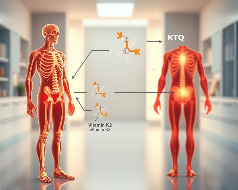 A detailed educational illustration depicting the action mechanism of vitamin D3 in the human body, emphasizing its synergy with vitamin K2. In the foreground, a stylized, anatomically correct human figure stands in a confident pose, showcasing highlighted areas where vitamin D3 and K2 interact, such as bones and blood vessels. The middle layer features graphic representations of vitamins and their molecular structures, interconnected with arrows and pathways highlighting their cooperation. The background includes a serene, softly lit environment resembling a laboratory or a health-focused space, with gentle lighting illuminating the figure and graphics. The overall mood is informative and vibrant, conveying a sense of health and well-being, inviting viewers to understand the essential roles of these vitamins together. A detailed educational illustration depicting the action mechanism of vitamin D3 in the human body, emphasizing its synergy with vitamin K2. In the foreground, a stylized, anatomically correct human figure stands in a confident pose, showcasing highlighted areas where vitamin D3 and K2 interact, such as bones and blood vessels. The middle layer features graphic representations of vitamins and their molecular structures, interconnected with arrows and pathways highlighting their cooperation. The background includes a serene, softly lit environment resembling a laboratory or a health-focused space, with gentle lighting illuminating the figure and graphics. The overall mood is informative and vibrant, conveying a sense of health and well-being, inviting viewers to understand the essential roles of these vitamins together.