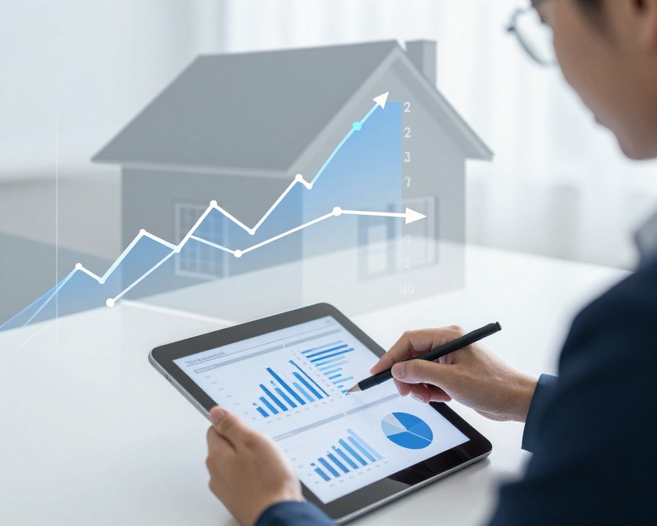 A detailed illustration depicting the mechanism of variable interest rates in a mortgage context. In the foreground, a professional-looking figure in business attire analyzes complex charts and graphs on a digital tablet, symbolizing financial decision-making. The middle ground features a transparent overlay of fluctuating graphs representing variable interest rate trends, with dynamic lines and arrows indicating changes. In the background, a modern architectural silhouette of a house represents the mortgage concept. The lighting is bright and focused on the foreground, creating a sense of clarity and insight. The atmosphere is analytical and informative, suitable for an educational article, and all elements are harmonious without any text or distractions.