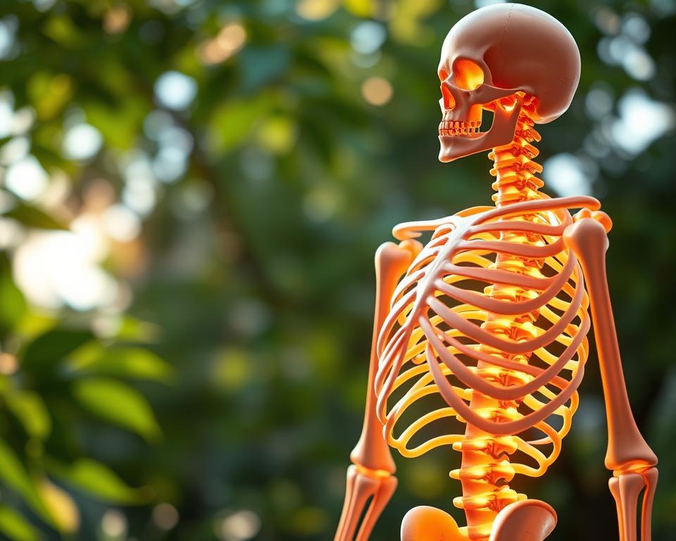 A detailed illustration depicting the significance of vitamin K2 for bone health and vascular wellness. In the foreground, focus on a strong, healthy human skeleton, showcasing vibrant bones with a radiant glow, symbolizing strength and vitality. The middle layer features intertwined blood vessels, illustrated with a soft luminescence to highlight their importance in nutrient distribution. The background should include a serene and natural environment, possibly with gentle sunlight filtering through green leaves, to evoke a sense of health and well-being. Use soft, warm lighting to create an uplifting atmosphere, capturing the essential role of vitamin K2 in preventive health. Employ a slight angle for depth, ensuring the skeletal and vascular elements draw the viewer's attention effectively. A detailed illustration depicting the significance of vitamin K2 for bone health and vascular wellness. In the foreground, focus on a strong, healthy human skeleton, showcasing vibrant bones with a radiant glow, symbolizing strength and vitality. The middle layer features intertwined blood vessels, illustrated with a soft luminescence to highlight their importance in nutrient distribution. The background should include a serene and natural environment, possibly with gentle sunlight filtering through green leaves, to evoke a sense of health and well-being. Use soft, warm lighting to create an uplifting atmosphere, capturing the essential role of vitamin K2 in preventive health. Employ a slight angle for depth, ensuring the skeletal and vascular elements draw the viewer's attention effectively.