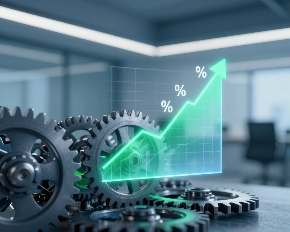A detailed illustration of a financial interest calculation mechanism, featuring a close-up of gears and cogs symbolizing financial transactions in the foreground. In the middle, a translucent chart with upward trends and percentages overlays the machinery, demonstrating the concept of capital accumulation. The background showcases a sleek, modern office environment with soft, ambient lighting that creates a professional atmosphere. The color palette should consist of deep blues and greens to evoke trust and stability. Use a shallow depth of field to emphasize the intricate details of the gears while softly blurring the office scene behind. Overall, aim for a sophisticated and informative mood, capturing the essence of interest calculation and capitalization in personal finance. A detailed illustration of a financial interest calculation mechanism, featuring a close-up of gears and cogs symbolizing financial transactions in the foreground. In the middle, a translucent chart with upward trends and percentages overlays the machinery, demonstrating the concept of capital accumulation. The background showcases a sleek, modern office environment with soft, ambient lighting that creates a professional atmosphere. The color palette should consist of deep blues and greens to evoke trust and stability. Use a shallow depth of field to emphasize the intricate details of the gears while softly blurring the office scene behind. Overall, aim for a sophisticated and informative mood, capturing the essence of interest calculation and capitalization in personal finance.