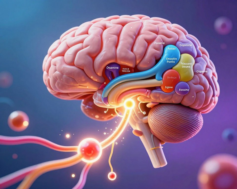 A detailed, visually striking illustration of dopamine's significance in the brain, with a close-up view of a human brain section, highlighting the pathways of the reward system. The foreground features bright, glowing dopamine molecules animatedly traveling along neural pathways, surrounded by vibrant, colorful synapses sparking with energy. In the middle, a schematic representation of the brain's reward centers, using clear labels and bright colors to emphasize areas affected by dopamine, encapsulating feelings of motivation and pleasure. The background is a soft gradient of blues and purples, suggesting depth and the complex nature of brain activity. The lighting is warm and inviting, with a slight glow illuminating the foreground elements to enhance focus, creating a contemplative and educational atmosphere. A detailed, visually striking illustration of dopamine's significance in the brain, with a close-up view of a human brain section, highlighting the pathways of the reward system. The foreground features bright, glowing dopamine molecules animatedly traveling along neural pathways, surrounded by vibrant, colorful synapses sparking with energy. In the middle, a schematic representation of the brain's reward centers, using clear labels and bright colors to emphasize areas affected by dopamine, encapsulating feelings of motivation and pleasure. The background is a soft gradient of blues and purples, suggesting depth and the complex nature of brain activity. The lighting is warm and inviting, with a slight glow illuminating the foreground elements to enhance focus, creating a contemplative and educational atmosphere.