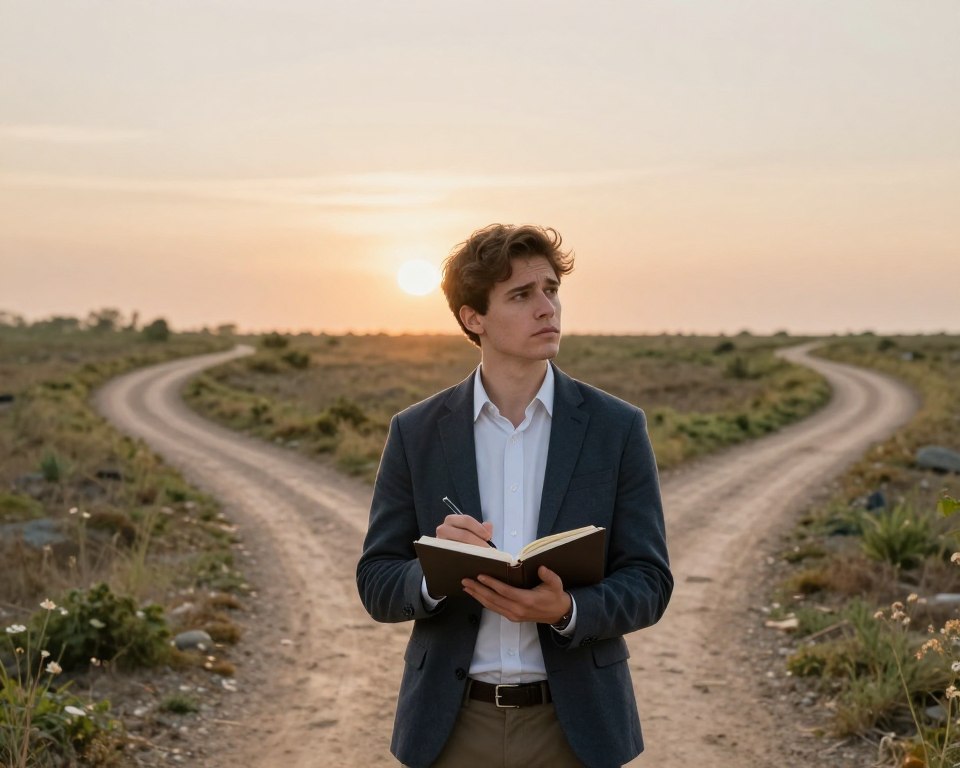 A determined individual standing at a crossroads, symbolizing the journey of returning to habits after failure. In the foreground, a young adult, dressed in smart casual attire, looks contemplative while holding a notebook and pen, ready to jot down thoughts. The middle ground features two paths diverging: one path is overgrown and rugged, representing past setbacks, while the other is clear and inviting, symbolizing renewed determination. The background includes soft, uplifting scenery of a rising sun casting warm light on the scene, creating an atmosphere of hope and resilience. The lighting is natural and warm, capturing the essence of a fresh start, with a slight focus blur to enhance the subject's emotions.