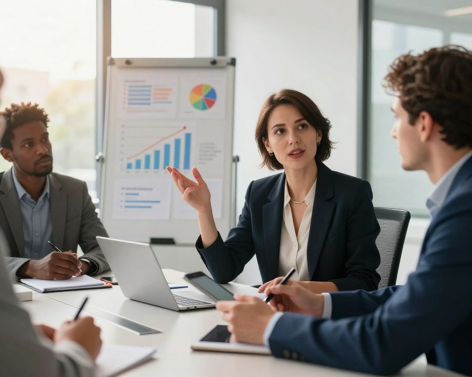 A diverse group of four business leaders, seated around a modern conference table, engaged in a dynamic brainstorming session. In the foreground, a confident woman in a sleek suit passionately presents her ideas, while a thoughtful man in a smart casual outfit takes notes with a tablet. The middle ground features a whiteboard filled with colorful charts and growth strategies. In the background, large windows allow warm sunlight to flood the room, creating an uplifting atmosphere. The lens captures the scene with a slight depth of field, emphasizing the leaders' expressions. The overall mood is one of collaboration, innovation, and a strong growth mindset, showcasing an environment conducive to positive change and development. A diverse group of four business leaders, seated around a modern conference table, engaged in a dynamic brainstorming session. In the foreground, a confident woman in a sleek suit passionately presents her ideas, while a thoughtful man in a smart casual outfit takes notes with a tablet. The middle ground features a whiteboard filled with colorful charts and growth strategies. In the background, large windows allow warm sunlight to flood the room, creating an uplifting atmosphere. The lens captures the scene with a slight depth of field, emphasizing the leaders' expressions. The overall mood is one of collaboration, innovation, and a strong growth mindset, showcasing an environment conducive to positive change and development.