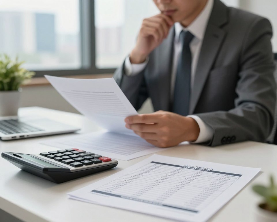 A financial advisor sitting at a modern desk, analyzing documents related to credit scores and interest rates. In the foreground, a close-up of a calculator and a credit report displays detailed numbers, indicating various interest rates options: fixed and variable. In the middle ground, a well-dressed professional in business attire examines the documents thoughtfully, surrounded by plants and soft lighting to create a focused yet approachable atmosphere. In the background, a blurred view of a city skyline through a large window enhances the context of financial decision-making. The overall mood is calm and professional, with warm lighting to evoke trust and reliability in financial advice.