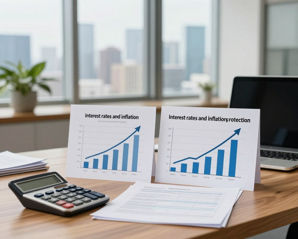 A financial comparison scene showcasing the concept of "interest rates and inflation protection" in a visually engaging way. In the foreground, an elegant wooden desk is adorned with polished calculators and a stack of documents. On the desk, two distinct charts rise, one illustrating government bonds and the other depicting a savings account with arrows indicating interest growth and inflation trends. The middle ground features a potted plant and a laptop, providing a modern touch. In the background, a spacious office window reveals a city skyline, bathed in soft, natural light, creating a professional atmosphere. The focus is crisp on the charts while maintaining a gentle blur of the background, conveying a serious yet optimistic mood about financial security.