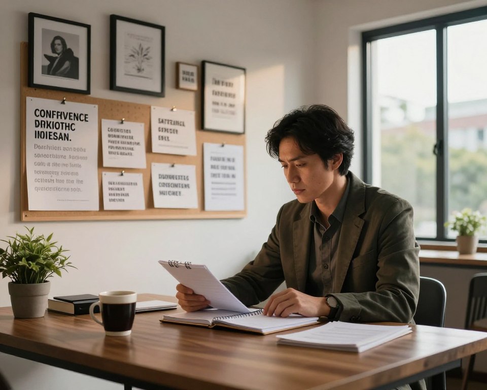 A focused adult sitting at a sturdy desk, surrounded by motivational quotes and a vision board, highlighting the theme of perseverance. The person, dressed in smart casual attire, reviews a planner with a determined expression, symbolizing commitment and strategy. In the foreground, a cup of coffee sits beside a potted plant, representing growth. The middle ground features a wall with framed achievements and reminders of personal goals, illuminated by warm, soft lighting. The background includes a large window letting in natural light, showcasing a tranquil outdoor scene, enhancing the mood of clarity and determination. The atmosphere conveys a sense of focus and resolve, reflecting the essence of adult consistency in action and the importance of maintaining motivation and willpower. A focused adult sitting at a sturdy desk, surrounded by motivational quotes and a vision board, highlighting the theme of perseverance. The person, dressed in smart casual attire, reviews a planner with a determined expression, symbolizing commitment and strategy. In the foreground, a cup of coffee sits beside a potted plant, representing growth. The middle ground features a wall with framed achievements and reminders of personal goals, illuminated by warm, soft lighting. The background includes a large window letting in natural light, showcasing a tranquil outdoor scene, enhancing the mood of clarity and determination. The atmosphere conveys a sense of focus and resolve, reflecting the essence of adult consistency in action and the importance of maintaining motivation and willpower.