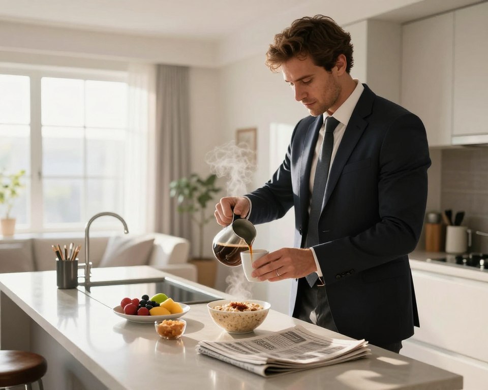 A man in professional business attire, starting his morning routine. In the foreground, he is standing at a sleek, modern kitchen counter, pouring coffee into a stylish mug, with a gentle steam rising. In the middle, a neatly arranged breakfast of oatmeal, fruits, and a newspaper can be seen, conveying the importance of a balanced meal. The background showcases a bright, airy kitchen with large windows allowing soft morning light to flood the space, creating a warm ambiance. The mood is calm and focused, embodying a determined start to the day. A glimpse of a neatly organized living area is visible through the kitchen entrance, reinforcing a sense of order and productivity. A man in professional business attire, starting his morning routine. In the foreground, he is standing at a sleek, modern kitchen counter, pouring coffee into a stylish mug, with a gentle steam rising. In the middle, a neatly arranged breakfast of oatmeal, fruits, and a newspaper can be seen, conveying the importance of a balanced meal. The background showcases a bright, airy kitchen with large windows allowing soft morning light to flood the space, creating a warm ambiance. The mood is calm and focused, embodying a determined start to the day. A glimpse of a neatly organized living area is visible through the kitchen entrance, reinforcing a sense of order and productivity.