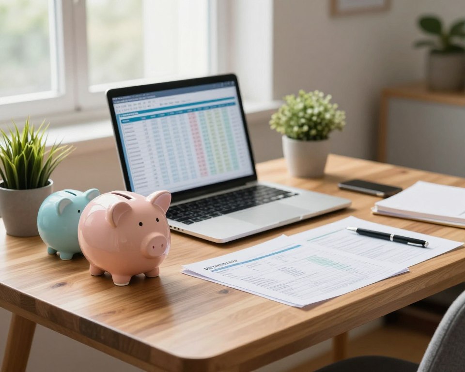 A modern and inviting workspace, featuring a elegantly designed wooden desk in the foreground with a neat stack of colorful piggy banks and financial documents symbolizing savings. In the middle ground, an open laptop displays a budget spreadsheet, while a small potted plant adds a touch of greenery, suggesting growth. The background includes a window with soft, natural light filtering in, casting gentle shadows that enhance the warmth of the scene. A cozy armchair is visible, inviting contemplation on financial planning. The atmosphere is calm and motivational, inspiring viewers to think about effective savings strategies. The overall composition conveys a sense of professionalism and organization, ideal for a financial theme.