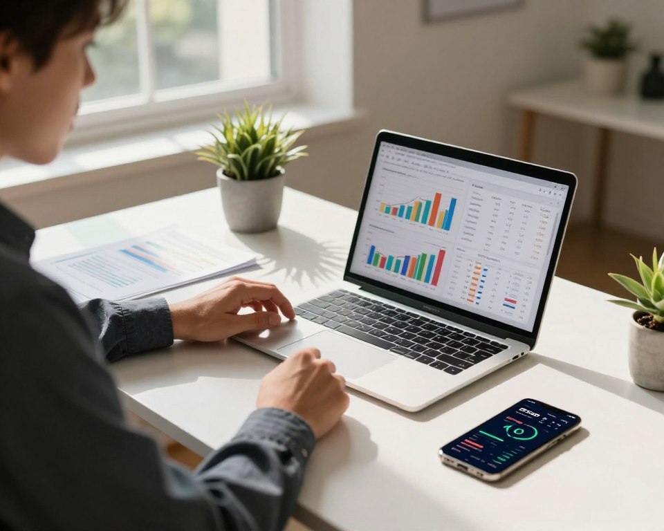 A modern home office setting with a clean desk featuring a sleek laptop displaying colorful graphs and charts. In the foreground, a professional person dressed in smart casual attire, intensely analyzing their investment portfolio on the screen. The middle ground showcases various financial documents and a smartphone with investment tracking apps open, while a potted plant adds a touch of greenery. The background reveals a large window through which natural light floods the room, casting gentle shadows. Soft, warm lighting creates a focused yet relaxed atmosphere, emphasizing productivity and strategic thinking. The overall mood should inspire motivation and clarity.