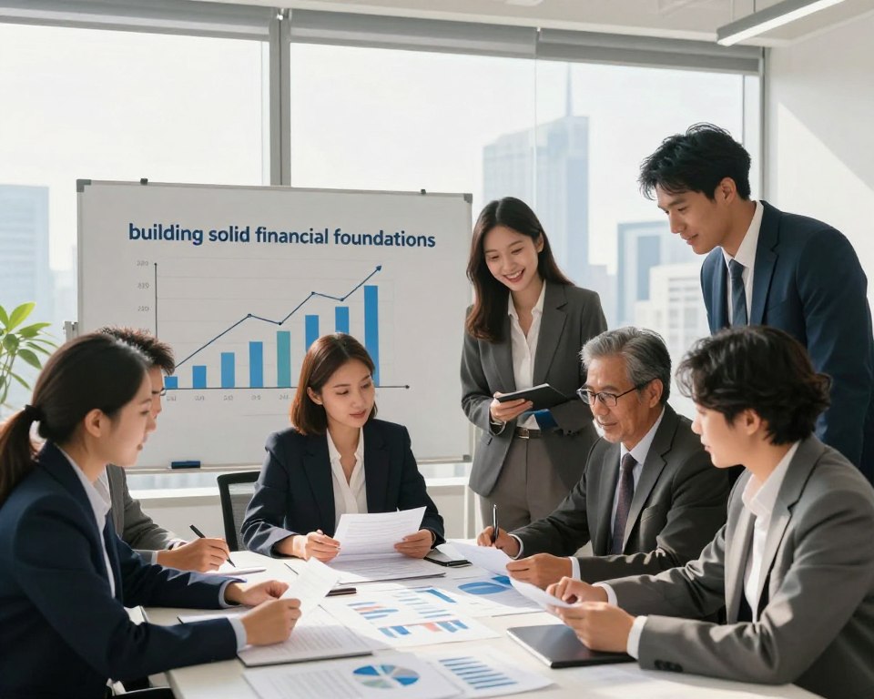 A modern office scene illustrating the concept of "building solid financial foundations." In the foreground, a diverse group of professionals is collaborating around a table filled with financial documents and charts, dressed in smart business attire. In the middle ground, a large whiteboard displays graphs showing growth and investment strategies, symbolizing planning and stability. The background features a bright, airy office space with a panoramic view of a city skyline, bathed in warm, natural lighting to create a positive and optimistic atmosphere. The overall mood is focused and aspirational, emphasizing teamwork and strategic thinking in financial planning.